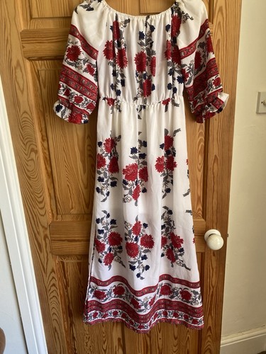 Rot geblümtes Maxi Gypsy Kleid, Seitenschlitze, Bardot Ausschnitt On/Off Shoulder Gr. S