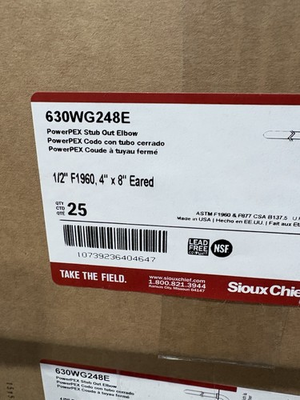 #ad Sioux Chief 630WG248E 1 2 x 4 x 8 Stubout Elbow Fitting Square Lot 25 Case $125.00