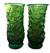 Set of 2 Matching Vintage E O Brody Emerald Green Crinkle Glass Vases