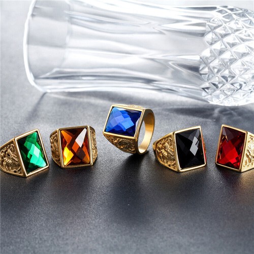 Men Women Gold Stainless Steel Blue Stone Ring Band Wedding Gift Size 8-12 - Picture 9 of 22