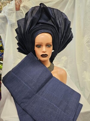 Navy Blue  Headtie With Shoulder Shal l Auto gele Headtie 