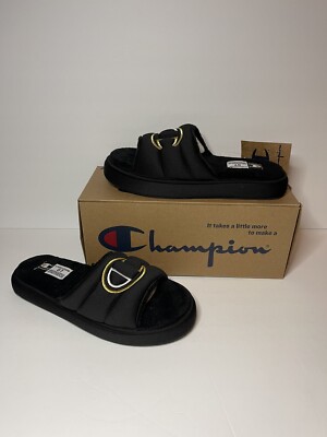 Champion Slides Plush Core Black/White/Gold Slippers Size Womens New In  Box!