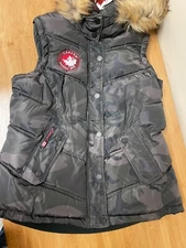 CANADA WEATHER GEAR Puffer Vest Faux Fur Insulated Winter Black Camo Size L