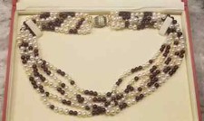 VINTAGE GUMPS GARNET PEARL BEAD 14k GOLD FINE JEWELRY NECKLACE 5 STRAND TORSADE