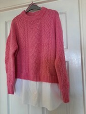 Image of womens BNWT F and F soft pink mock shirt cable crew neck jumper size M
