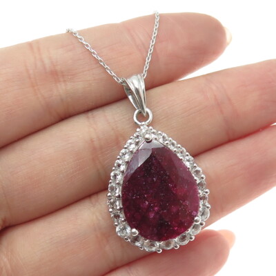 925 Sterlingsilber Birnenschliff Rubin & weißer Topas Edelstein Kabel Kette Halskette 18''