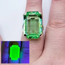 Huge Sterling Uranium Glass Ring Emerald Cut Green Statement Ring Cocktail Ring