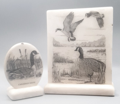 2 Dramatic Elegance In Marble-Pic w/stand-Etched CANADIAN GEESE DUCKS