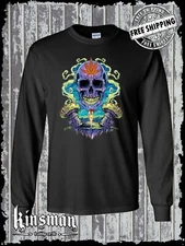 Weed Skull Mushroom Long Sleeve T-Shirt - Marijuana Smoke Stoner