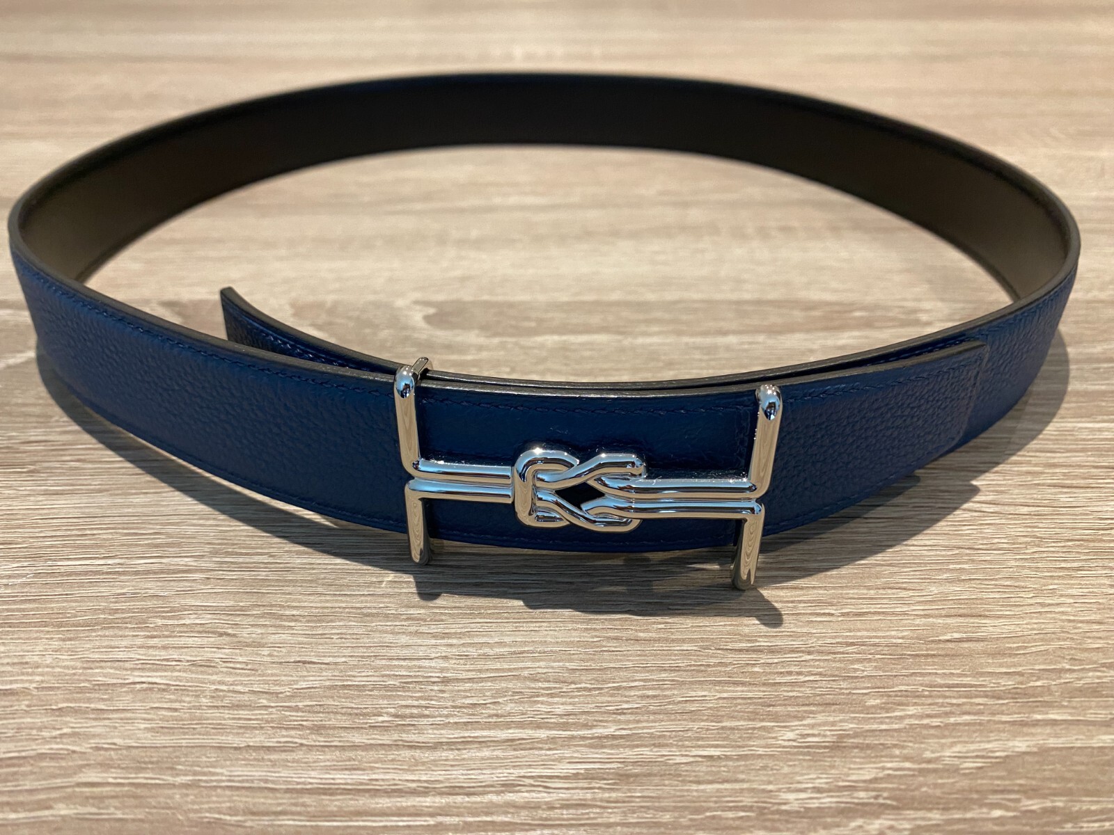 HERMÈS Reversible leather Belt (32 mm Width, 85cm Length) Black/Blue de Prusse
