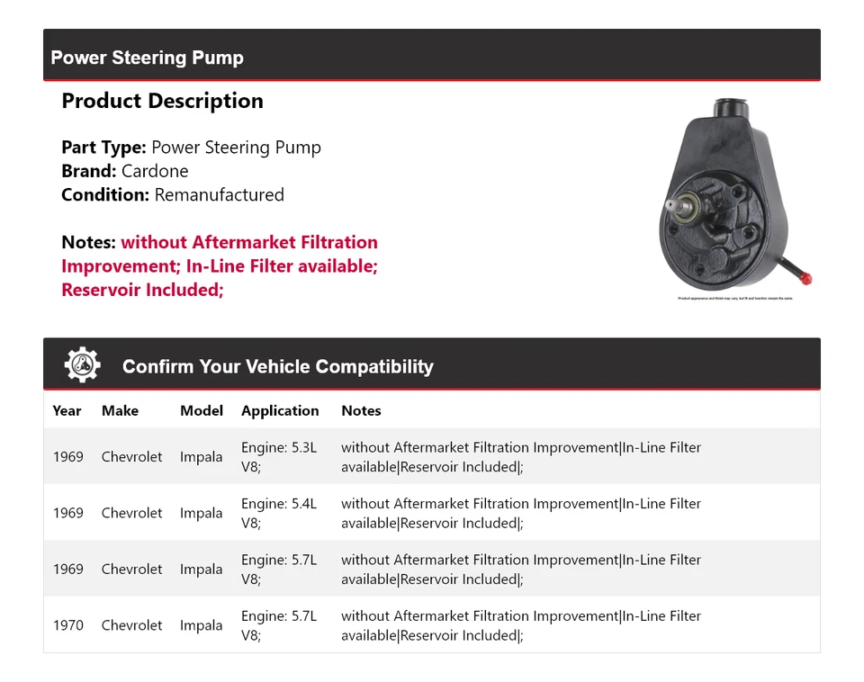 Bomba de dirección asistida Cardone para Chevrolet Impala 1969-1970 Foto 2 de 4