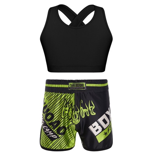 Kids Girls Tracksuits U Neck Vest And Bottoms Boxing Crop Top With Shorts Thai - Picture 15 of 48
