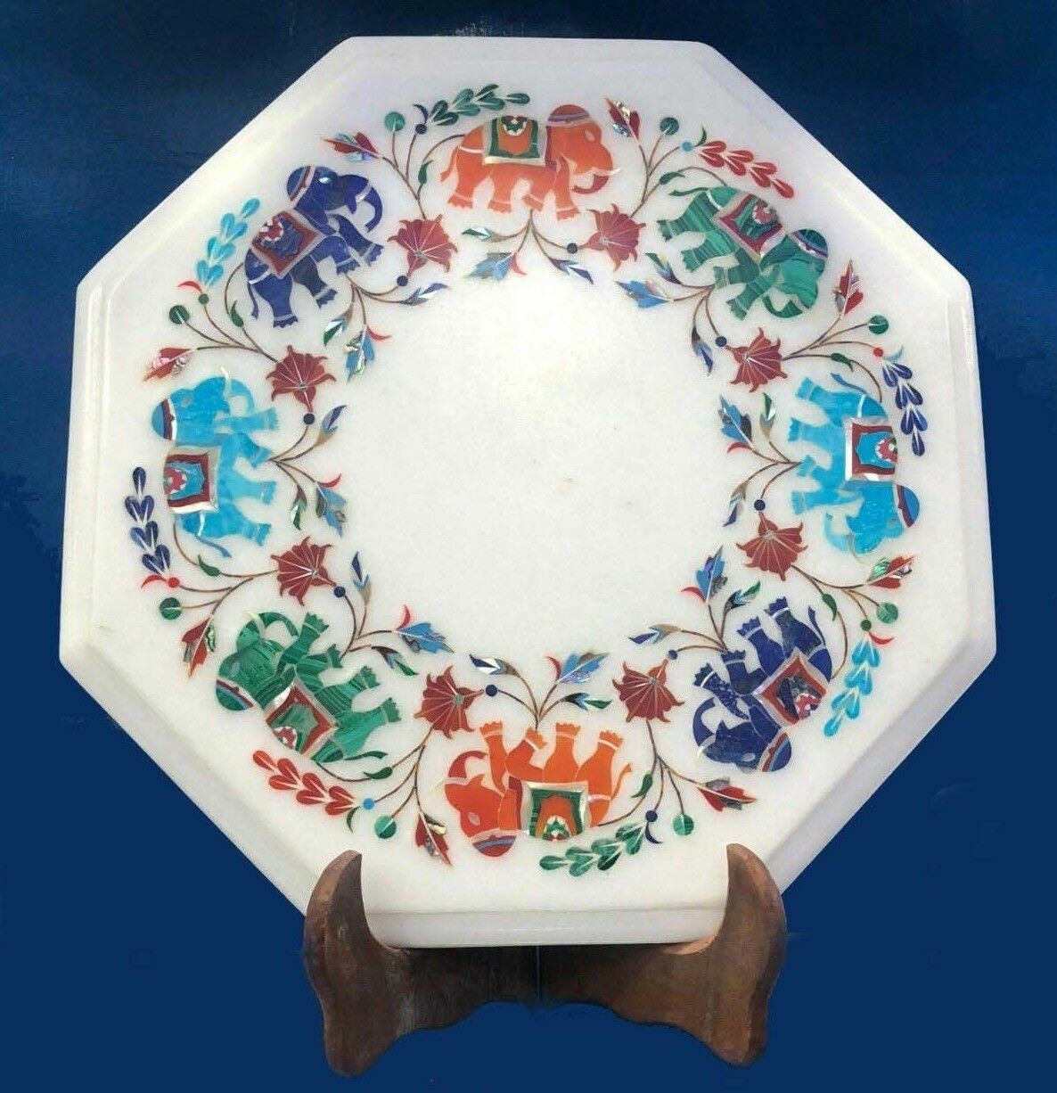 12-inch marble corner end table with semi-precious stone inlay handmade decor