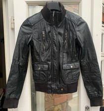 Bershka Vintage Ladies Black Real Leather Jacket Coat S C30”l23”vgc