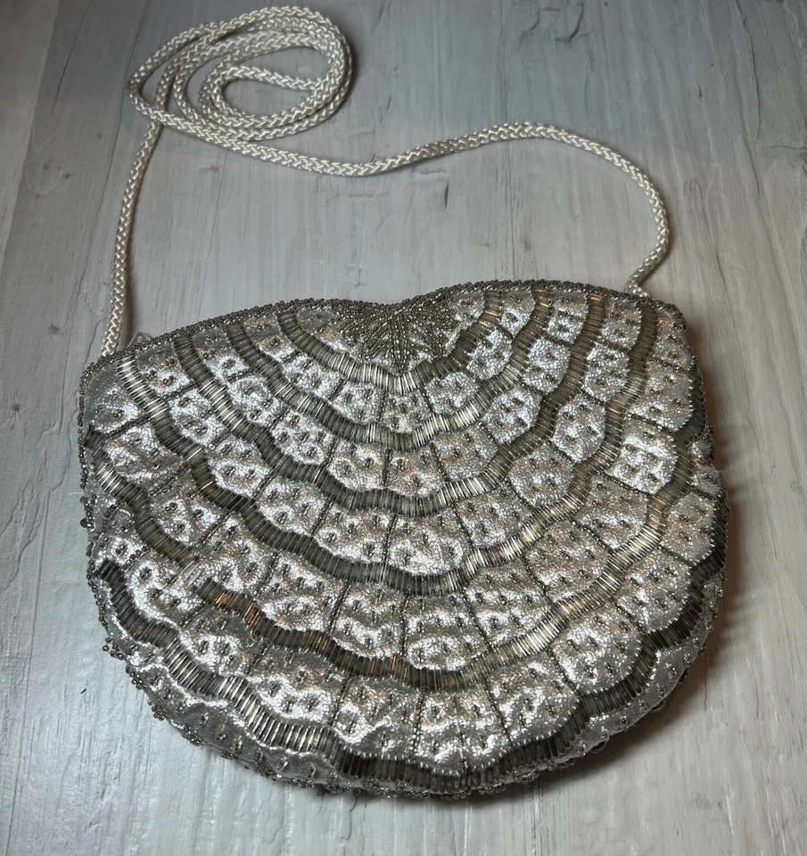 VTG Lord & Taylor Evening Handbag Purse Pewter Gray Satin Beaded Gorgeous!!! - Изображение 3 из 4