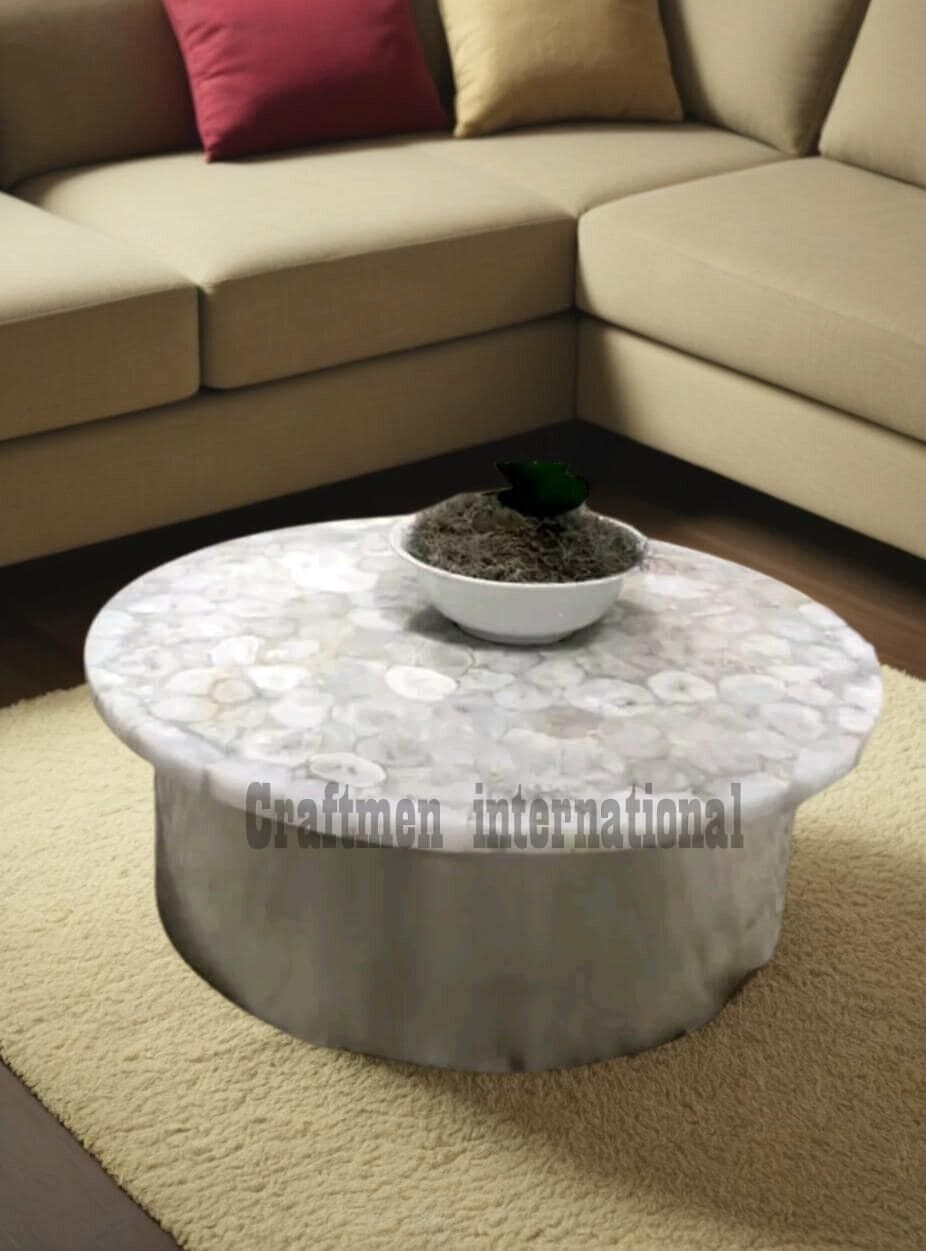 Organic modern white agate coffee table with natural stone slab
