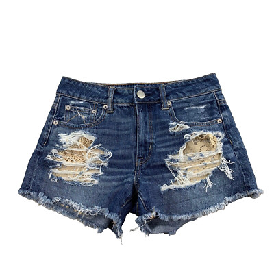 American Eagle Hi Rise Festival Shorts Size 2 Cotton Women Distressed Blue 60-7