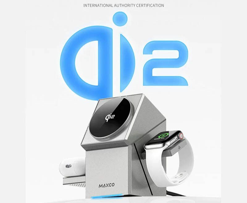 Chargeur rapide Qi2 MAXCO 3-en-1 station induction blanche pour iPhone 15 Apple Watch AirPods