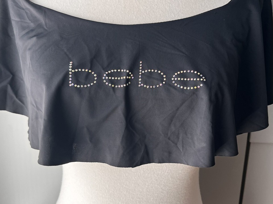 Bebe Womens Black Embellished OffTheShoulder Bikini Swim Top Bling