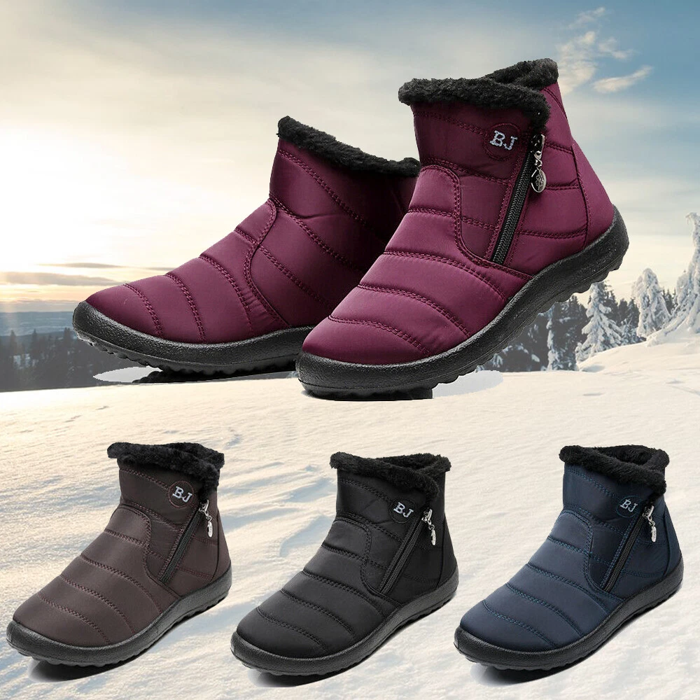 Women's Waterproof Snow Boots Ladies Fur Lined Winter Warm Flat Shoes Size  UK