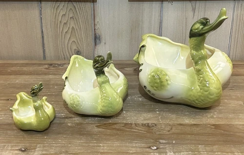 Set of 3 Hull Green Ceramic Duck Swan Mother #80 Baby Planter Ashtray Dish MCM