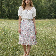 Vintage Silk Floral Midi Skirt Women 4 Gray Layered Y2K Cottagecore Peasant