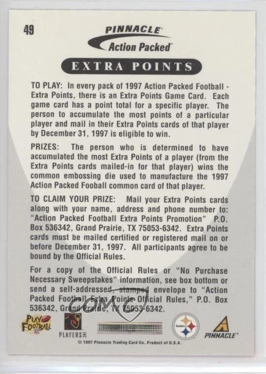 1997 Pinnacle Action Packed Extra Points Sweepstakes Cards Jerome Bettis #49 HOF - Image 2 of 2