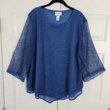 Alfred Dunner Size 1X Popcorn Mesh Overlay 3/4 Sleeve Top Layered Royal Blue