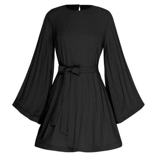 Women Elegant Dresses Long Sleeve Tie Waist Pleated Mini Vacation Outfits - Picture 8 of 37