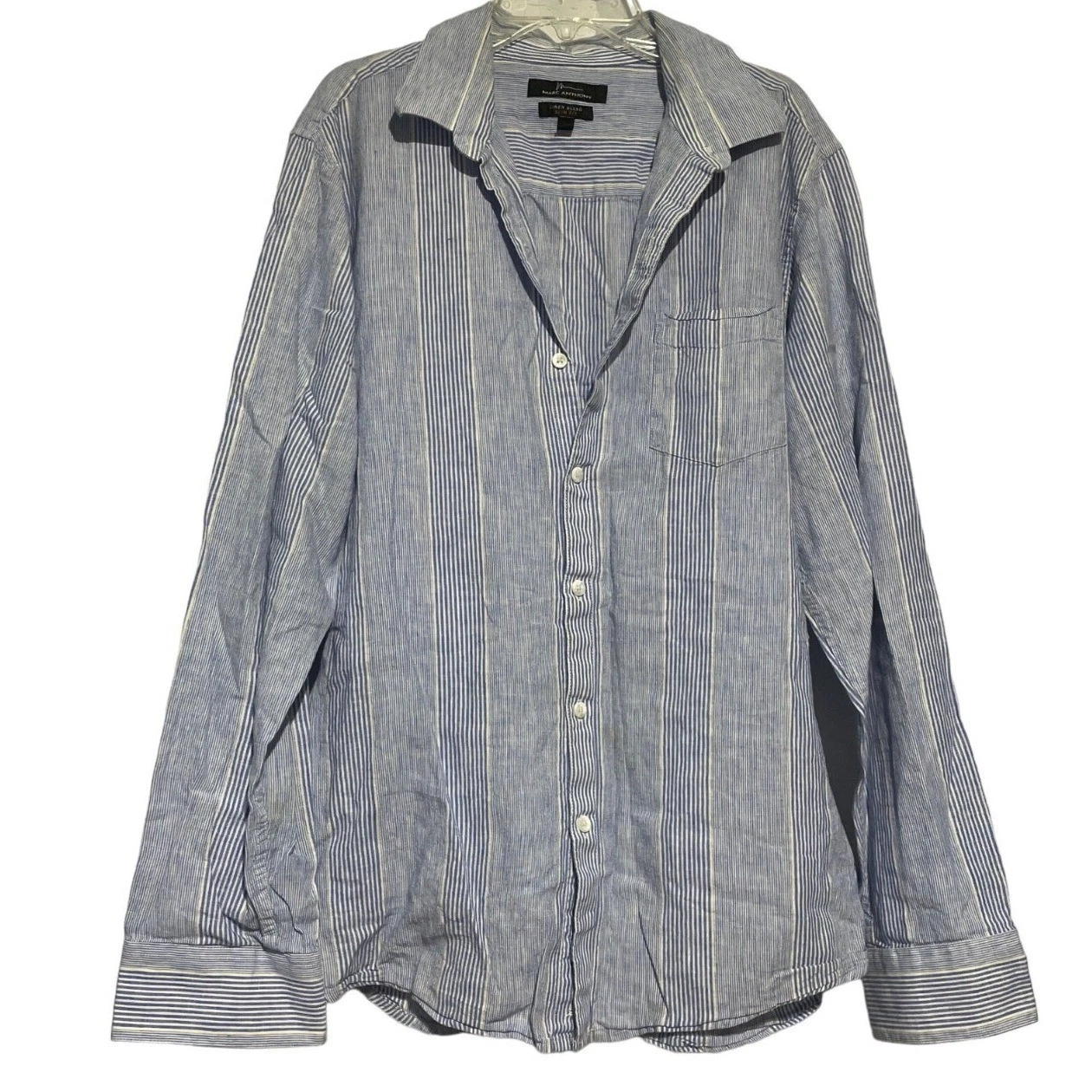 Mark Anthony Men's Slim Fit Long Sleeve Button-Down Shirt Striped Blue Linen M