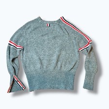 THOM BROWNE Grey Wool Pullover Sweater - Iconic Tricolor Stripe Detail - No Tags