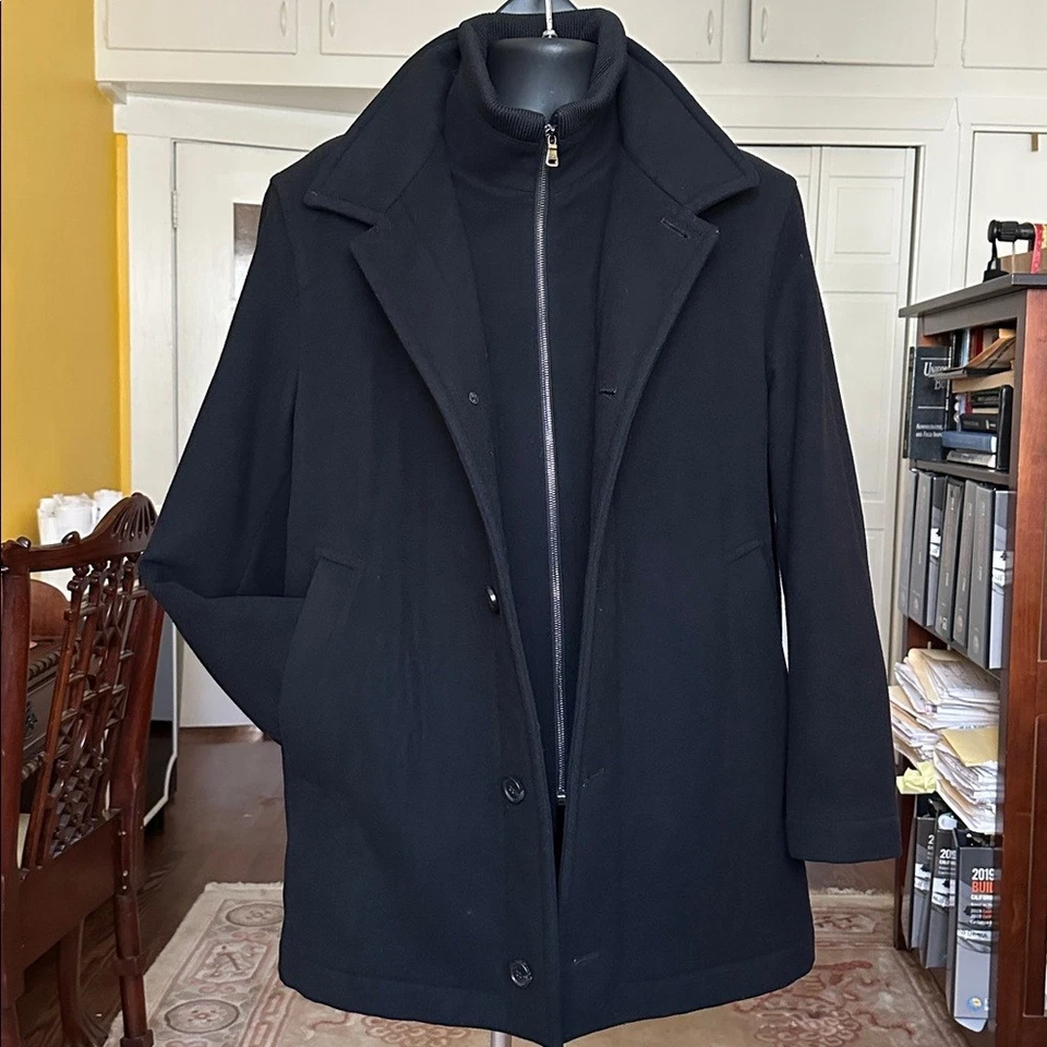 Hugo Boss Men's Black Cashmere Wool Pea Coat Jacket with Inner Bib Size L /XL - Image 2 of 4