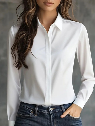 Autumn Solid Colour Long-sleeved Versatile Shirt Lapel Satin Shirt Women - Afbeelding 2 van 18