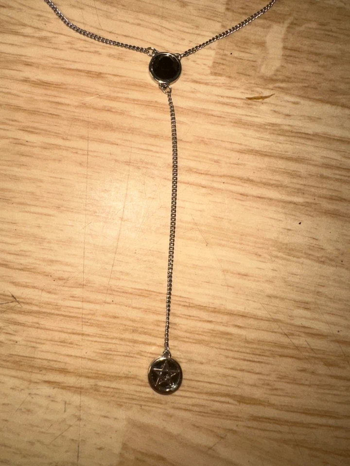 COLLAR KILLSTAR GÓTICO 2 ÓNIX NEGRO Y PENTAGRAMA CON CADENA DE PLATA - ¡TOTALMENTE NUEVO! Foto 4 de 4