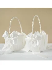 Flower girl Baskets Set Of 2 Satin With Pearl Handles For Wedding