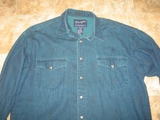 WRANGLER WESTERN SNAP UP BLUE STAMPED LOGO SHIRT MEN'S LARGE