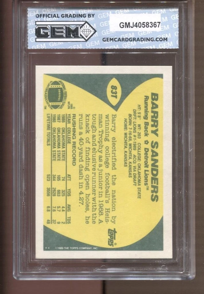 1989 Barry Sanders Topps Traded #83T Gem Mint 10 RC Rookie Detroit Lions - Image 2 of 2