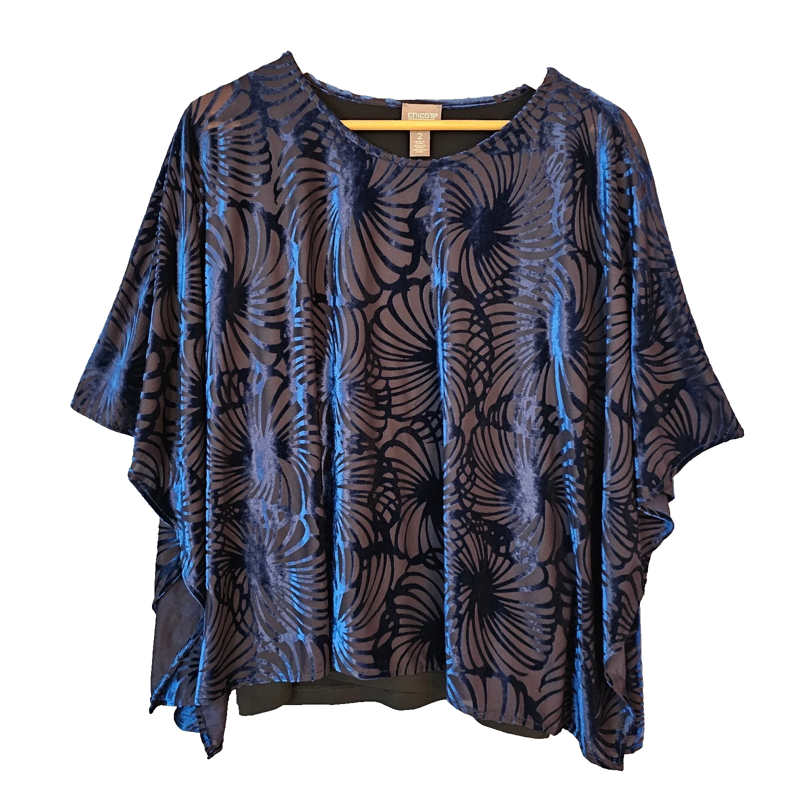 Chicos Velvet Burnout Poncho Top Over Tank Women L Blue Floral Flowy Evening