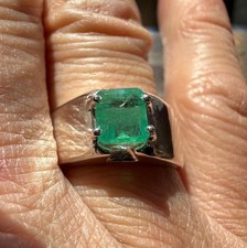 1.085 CT NATURAL ZAMBIAN EMERALD STERLING SILVER MENS DECO RING SZ 9.75, 7 GR