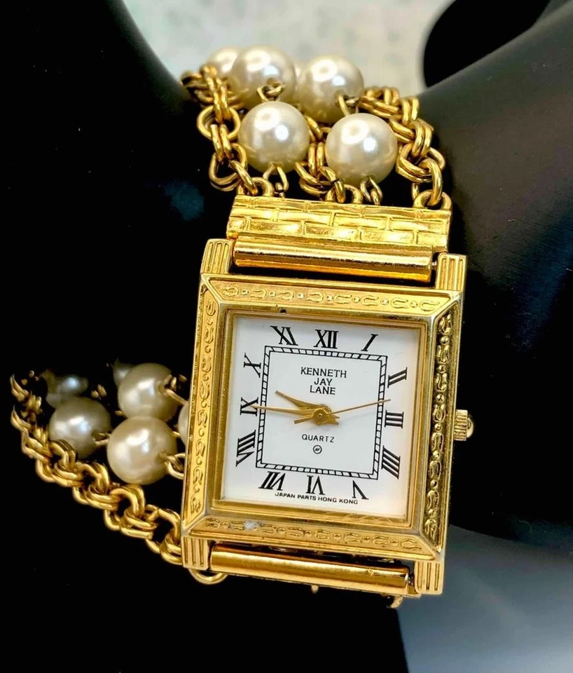 Vintage KJL Kenneth Jay Lane Gold Plated Faux Pearl Bracelet Watch Needs Battery - Изображение 4 из 4