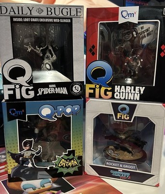 Q Fig lot of 4. QPop Batman, Spider-man, Rocket, Harley Quinn (Read Description)