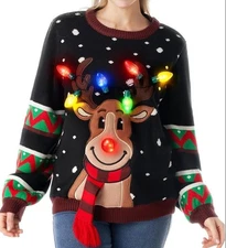 Adult LED Light Up Christmas Ugly Sweater with Light Bulbs, Black Reindeer