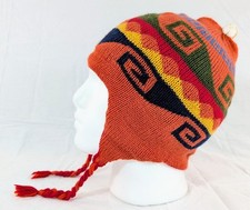 Colorful Soft Alpaca Chullo Reversible Beanie Orange Red Pom Pom Earflap Unisex