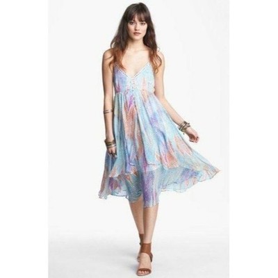 FREE PEOPLE Sea Gypsy Tropical Daydream Feather Print Asymmetrical Maxi Dress