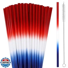 JANYUN 30 Pcs 4th of July Straws, Reusable Plastic Patriotic Straw Red White 