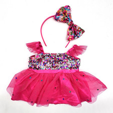 Build a Bear Pink Multicolor Sequin Strap Tulle Teddy Ruffle Dress Headband READ