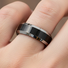 Modern 6mm Tungsten Wedding Band for Men with Black Inlay and Sleek Beveled Edge
