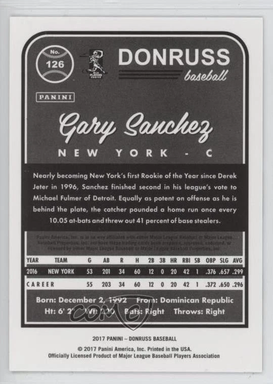 2017 Panini Donruss Gold Press Proof /99 Gary Sanchez #126 - Image 2 of 2