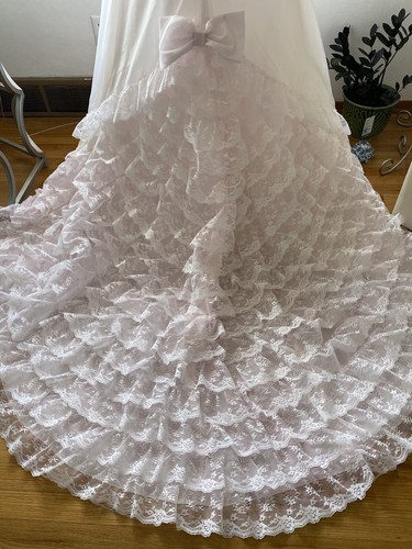 Vintage 60s Pink Victorian Wedding Gown *Size 8* LIZETTE Tiered Dress & Gloves - Picture 5 of 11