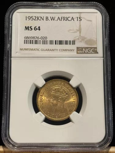 BRITISH WEST AFRICA 1 Shilling 1952 KN, George VI, NGC MS 64 Ch UNC, RARE. E2